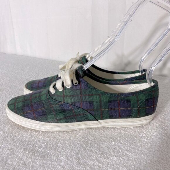Vintage Hanes Her Way Green Blue Plaid Canvas Lace Up Sneakers 8 - Picture 3 of 11